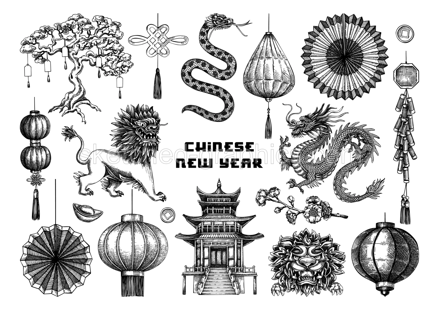 Chinese New Year decoration in sketch style. China sketches. Hand-drawn vector illustrations set. NOT AT generated Illustration